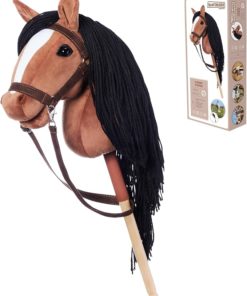 Hobby HORSE met Halster – A3 formaat – hoogwaardig pluche met lange manen – Kleur lichtbruin